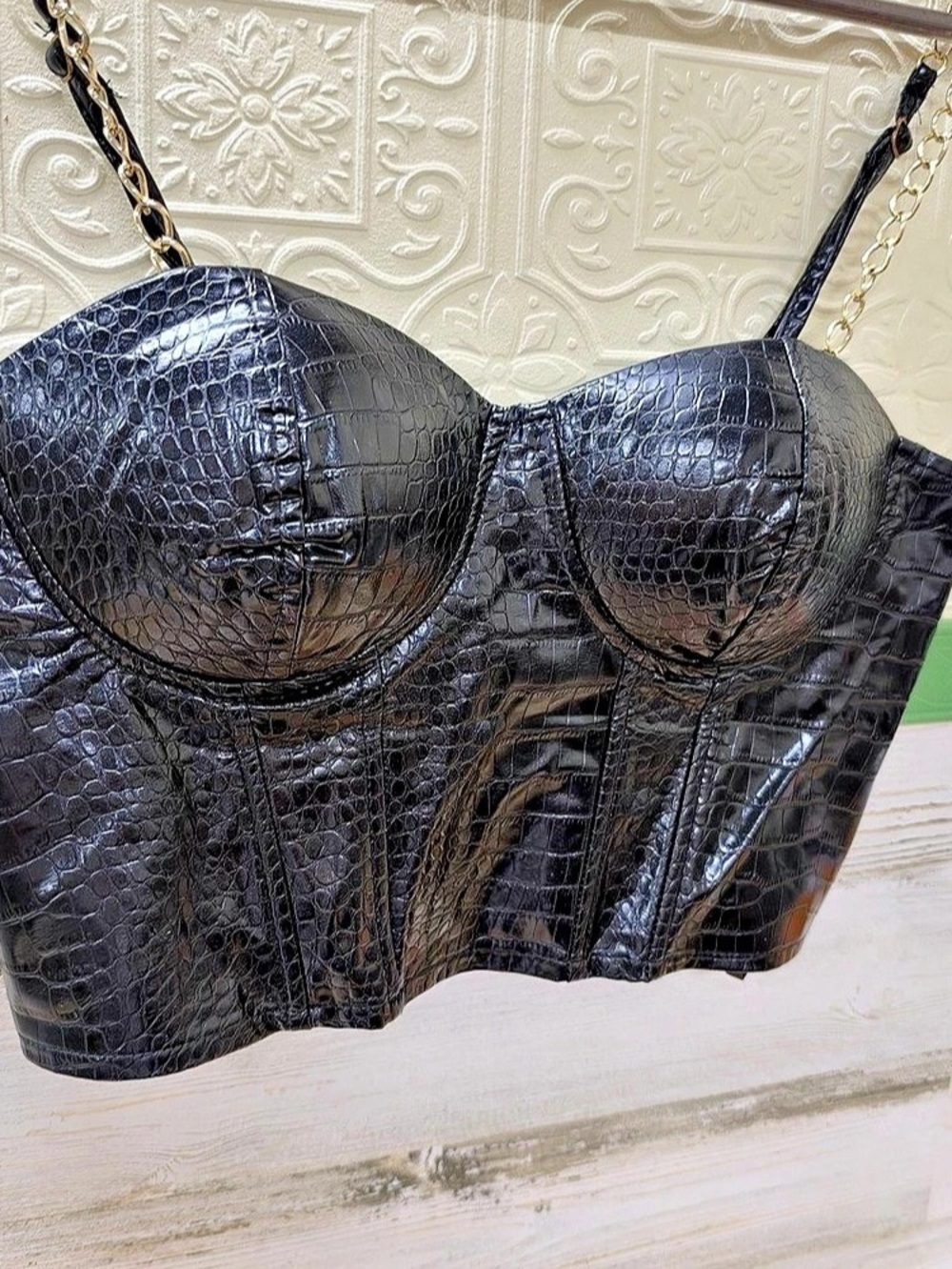 Say What? Black Crocodile-Textured Bustier Top